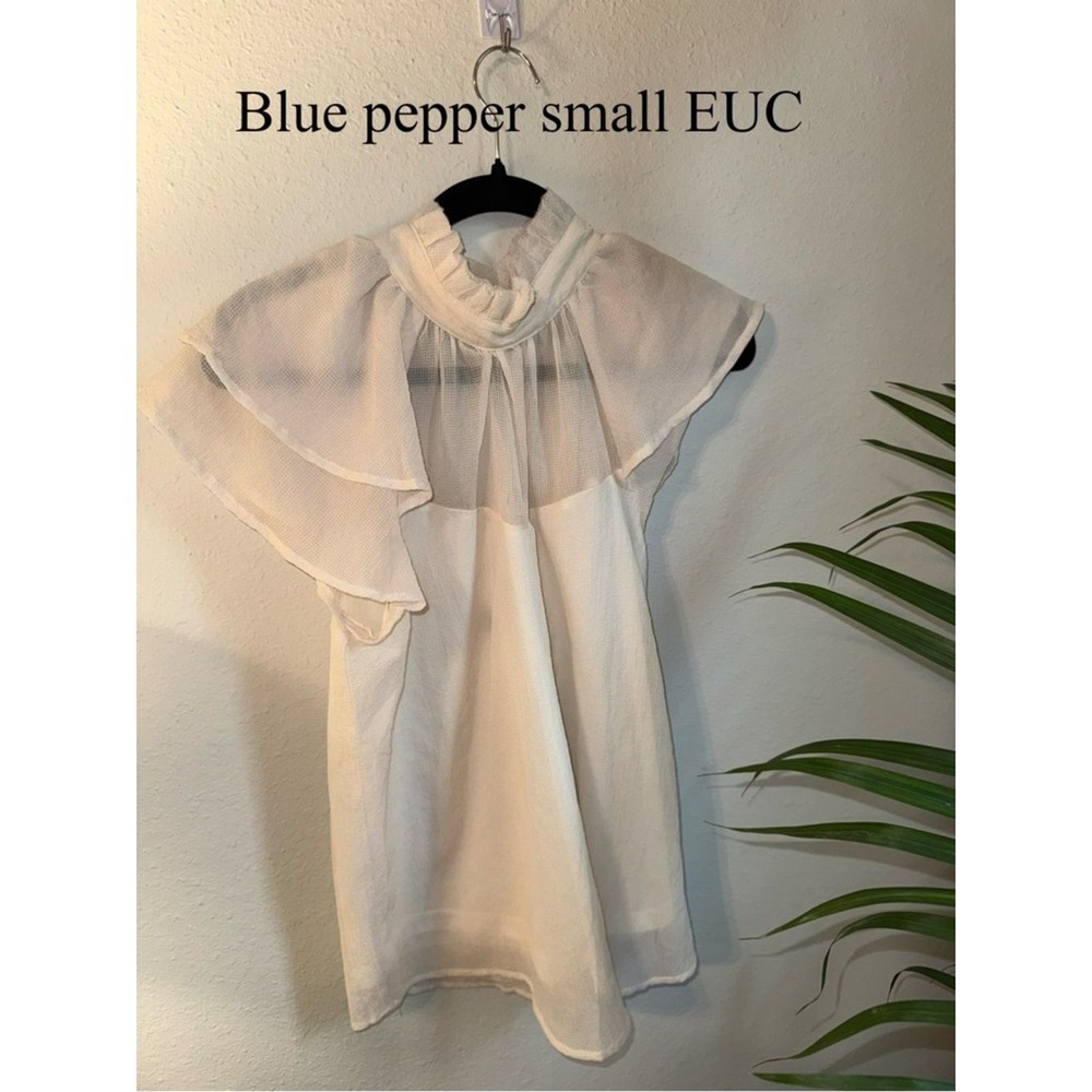 Blue Pepper Sheer Ruffled Cape Sleeve White Blouse Top Small